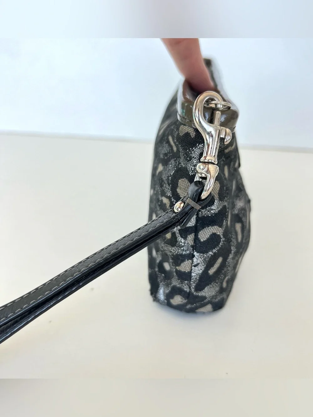 COACH Taupe Patent Leather Black Silver Leopard Print Zipper Clutch Wristlet